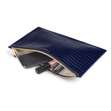 Large Essential Flat Pouch in Deep Shine Midnight Blue Small Croc