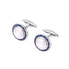 Round Mother of Pearl Cufflinks Gemset with Cluster Sapphires in 9ct White Gold