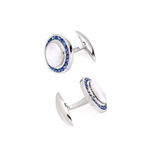 Round Mother of Pearl Cufflinks Gemset with Cluster Sapphires in 9ct White Gold