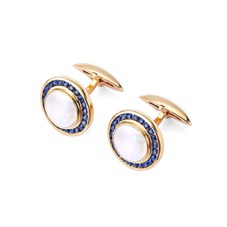 Round Mother of Pearl Cufflinks Gemset with Cluster Sapphire in 9ct Yellow Gold