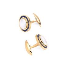Round Mother of Pearl Cufflinks Gemset with Cluster Sapphire in 9ct Yellow Gold