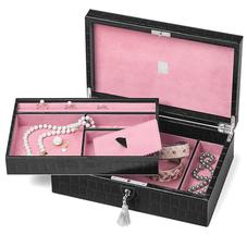Savoy Jewellery Box in Deep Shine Black Croc & Pink Suede