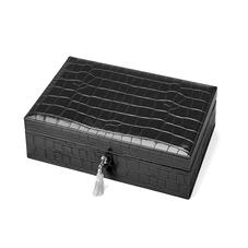 Savoy Jewellery Box in Deep Shine Black Croc & Pink Suede