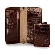 Zipped Travel Wallet with Passport Cover in Deep Shine Amazon Brown Croc & Stone Suede