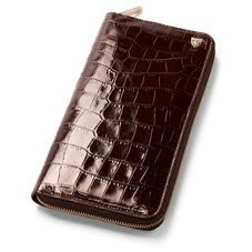 Zipped Travel Wallet with Passport Cover in Deep Shine Amazon Brown Croc & Stone Suede