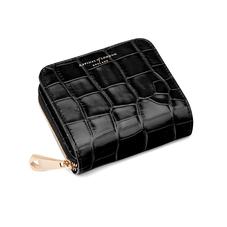 Mini Continental Zipped Coin Purse in Deep Shine Black Croc