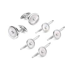 9ct White Gold, Mother of Pearl & Diamond Oval Cufflinks & Dress Shirt Studs Set