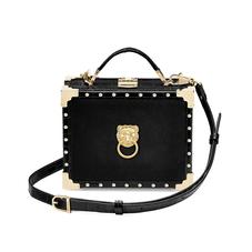 Lion Mini Trunk Clutch in Black Velvet & Deep Shine Croc with Studs