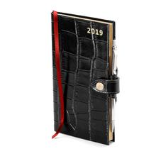 Slim Pocket Leather Diary with Pen in Deep Shine Black Croc