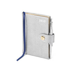 Mini Pocket Leather Diary with Pen in Silver Saffiano