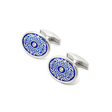 Sterling Silver Engraved Enamel & Diamond Cufflinks in Dark Blue