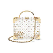 Mini Trunk Clutch in Diamond Cut Transparent Acrylic with Gold Crystals