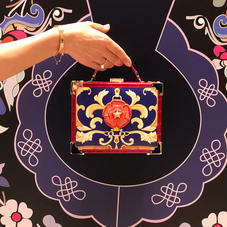 Mini Trunk Clutch in Deep Shine Red Croc with Rosette Embroidery
