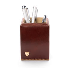 Square Pen Pot in Smooth Cognac & Stone Suede