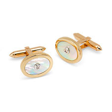 Round Mother of Pearl Cufflinks Gemset with Brilliant Cut Diamonds in 9ct Yellow Gold