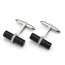Barrel Cufflinks in Black Onyx Gemset with Cluster Diamonds in 9ct White Gold
