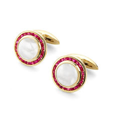Round Mother of Pearl Cufflinks Gemset with Cluster Rubies in 9ct. Yellow Gold