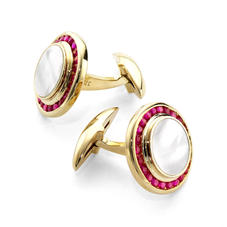 Round Mother of Pearl Cufflinks Gemset with Cluster Rubies in 9ct. Yellow Gold