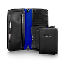Zipped Travel Wallet with Passport Cover in Smooth Black & Cobalt Blue Suede