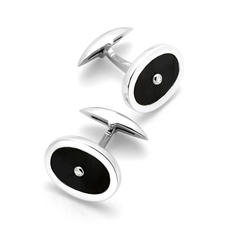 Sterling Silver Black Onyx & Diamond Oval Cufflinks