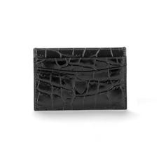 Slim Credit Card Case in Deep Shine Black Croc & Cobalt Suede