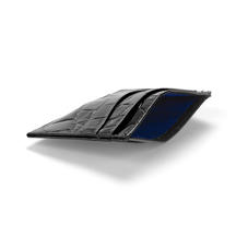 Slim Credit Card Case in Deep Shine Black Croc & Cobalt Suede
