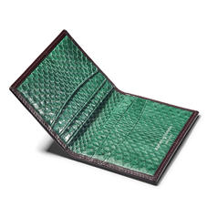 Double Fold Credit Card Holder in Smooth Chocolate with Green Land Snake