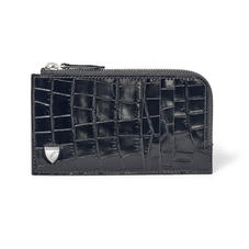 Zipped Card Wallet in Deep Shine Black Small Croc