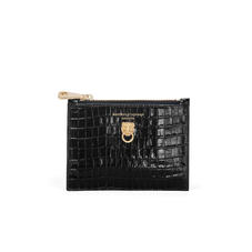 Lion Small Essential Flat Pouch in Deep Shine Black Small Croc