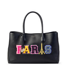 London Tote in Black Pebble with Paris Embroidered Letters