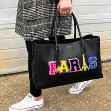 London Tote in Black Pebble with Paris Embroidered Letters