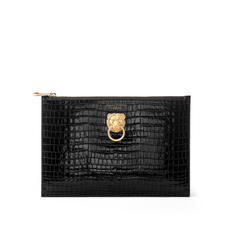 Lion Large Essential Flat Pouch in Deep Shine Black Small Croc