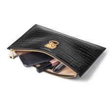 Lion Large Essential Flat Pouch in Deep Shine Black Small Croc