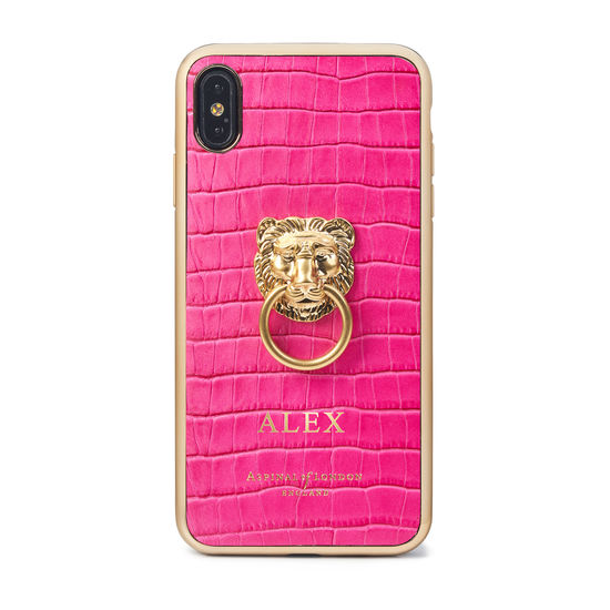 Lion iPhone Xs Max Case in Deep Shine Penelope Pink Small Croc from Aspinal of London