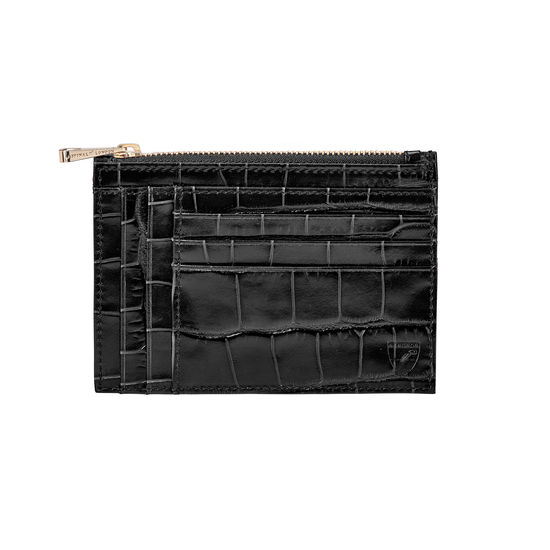Double Sided Zipped Card & Coin Holder in Deep Shine Black Croc from Aspinal of London