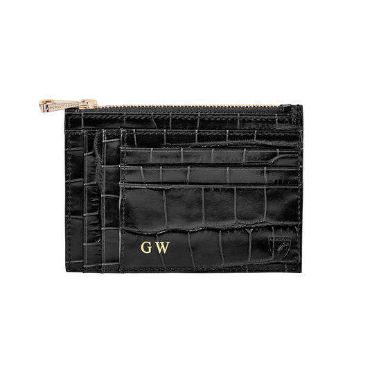 Double Sided Zipped Card & Coin Holder in Deep Shine Black Croc from Aspinal of London