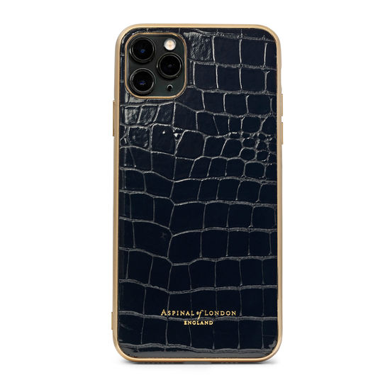 iPhone 11 Pro Max Case with Gold Edge in Black Patent Croc from Aspinal of London