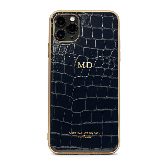 iPhone 11 Pro Max Case with Gold Edge in Black Patent Croc from Aspinal of London