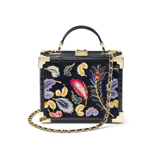 The Trunk in Deep Shine Black Small Croc & Velvet with Feather Embroidery from Aspinal of London