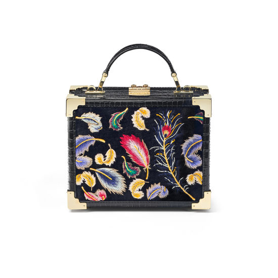 The Trunk in Deep Shine Black Small Croc & Velvet with Feather Embroidery from Aspinal of London