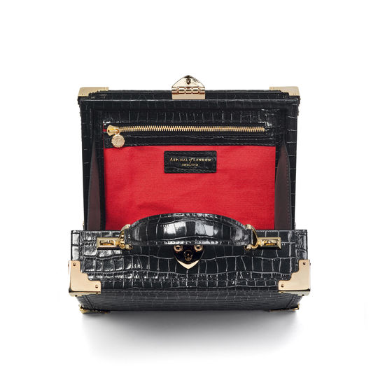 The Trunk in Deep Shine Black Small Croc & Velvet with Feather Embroidery from Aspinal of London