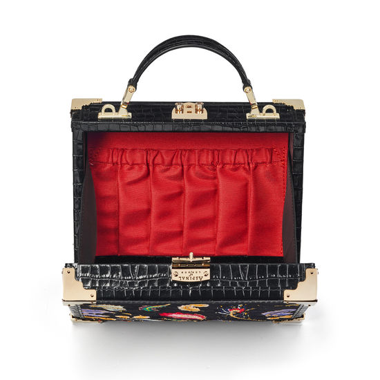 The Trunk in Deep Shine Black Small Croc & Velvet with Feather Embroidery from Aspinal of London