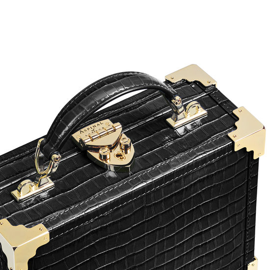 The Trunk in Deep Shine Black Small Croc & Velvet with Feather Embroidery from Aspinal of London