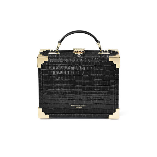 The Trunk in Deep Shine Black Small Croc & Velvet with Feather Embroidery from Aspinal of London
