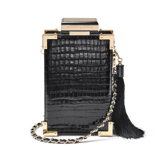 Sabine Portrait Trunk Clutch in Deep Shine Black Small Croc from Aspinal of London