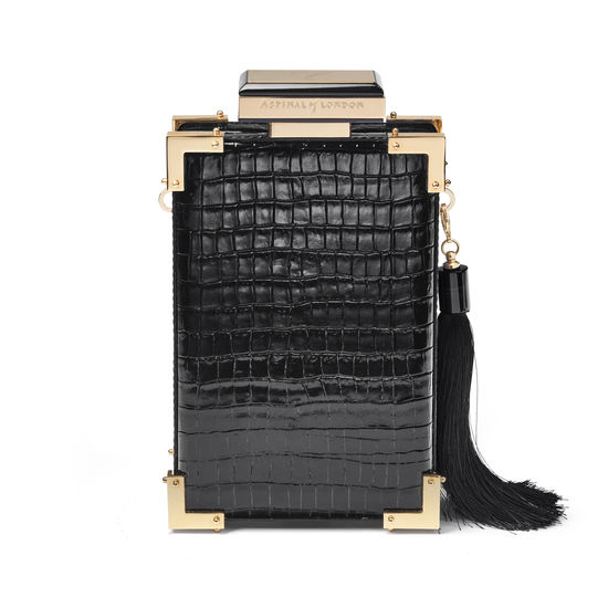 Sabine Portrait Trunk Clutch in Deep Shine Black Small Croc from Aspinal of London