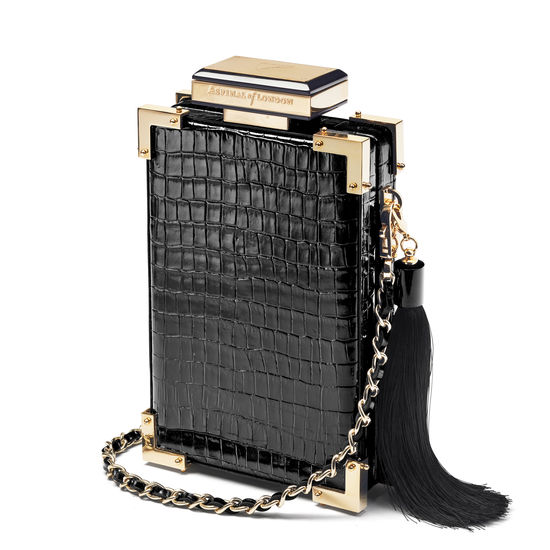 Sabine Portrait Trunk Clutch in Deep Shine Black Small Croc from Aspinal of London