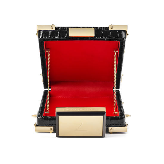 Sabine Portrait Trunk Clutch in Deep Shine Black Small Croc from Aspinal of London