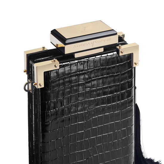 Sabine Portrait Trunk Clutch in Deep Shine Black Small Croc from Aspinal of London