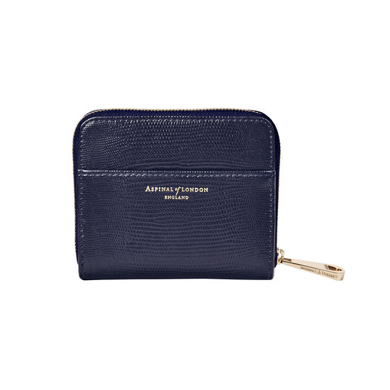Slim Mini Continental Purse in Midnight Blue Silk Lizard from Aspinal of London